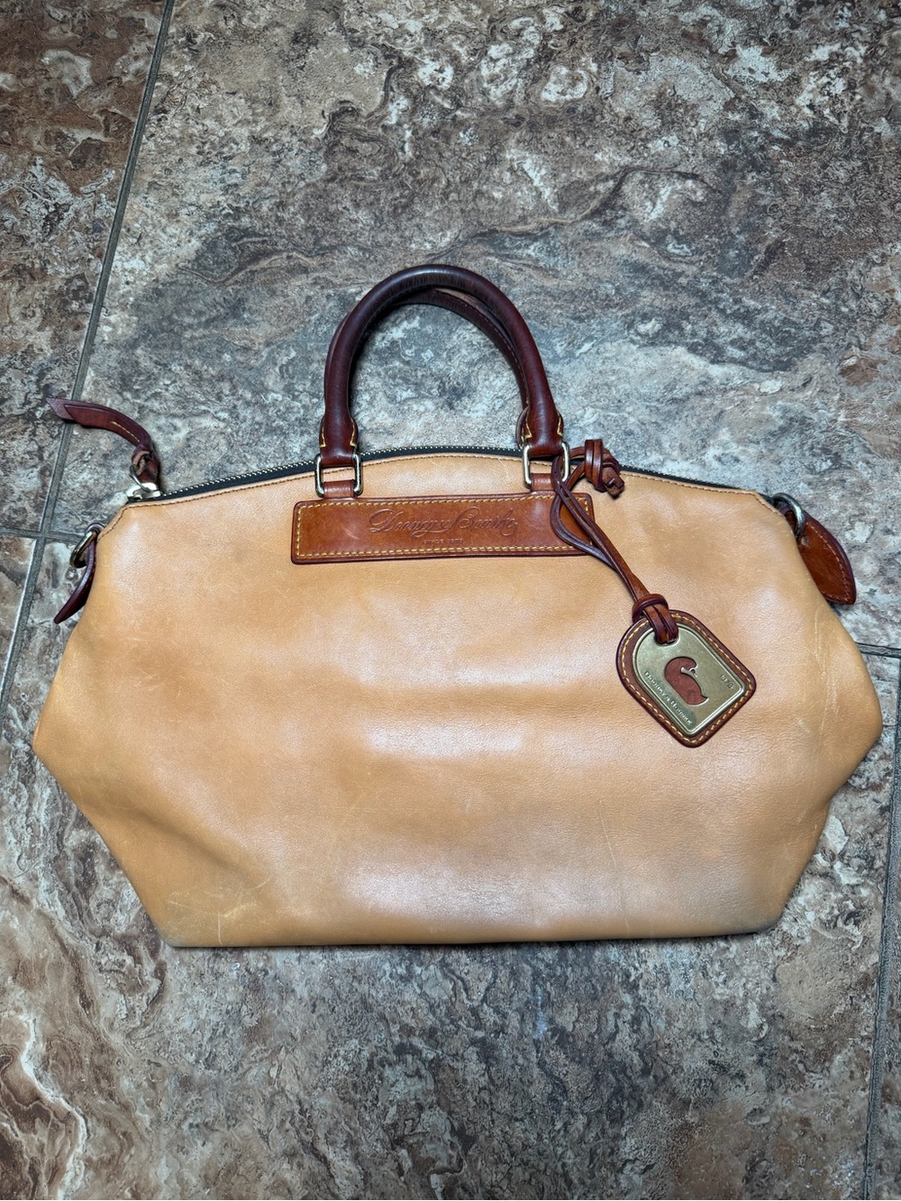 Dooney & Bourke Tan Leather Satchel with Brown Trim and Tag